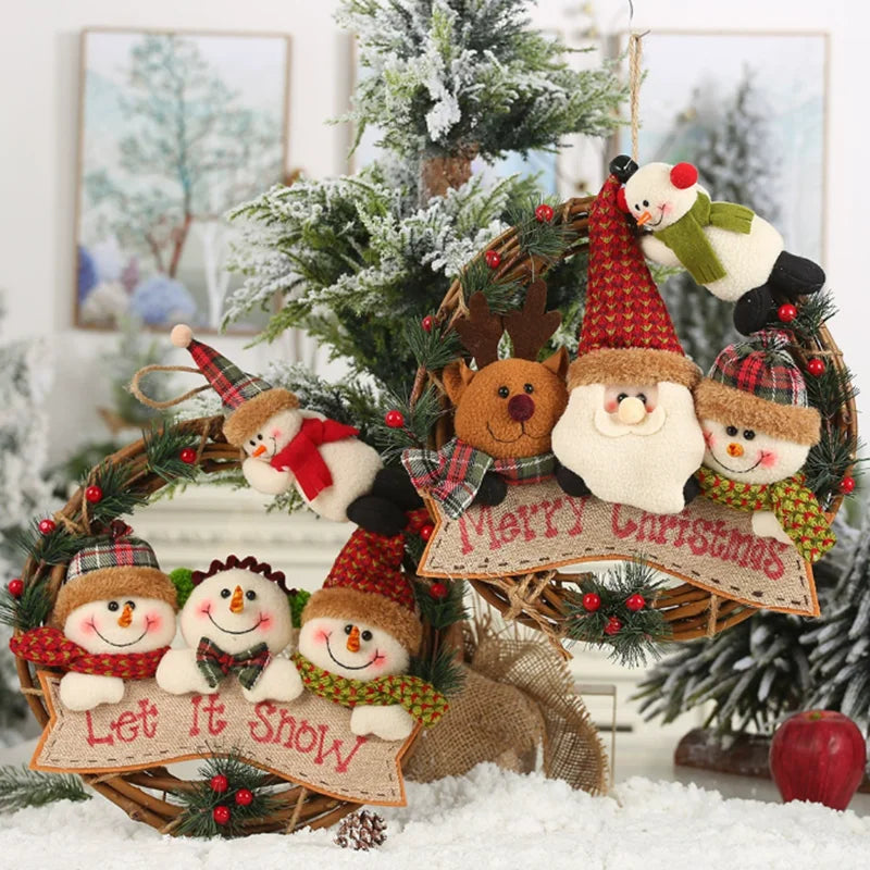 Vintage Snowman & Reindeer Rattan Wreath