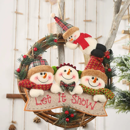 Vintage Snowman & Reindeer Rattan Wreath